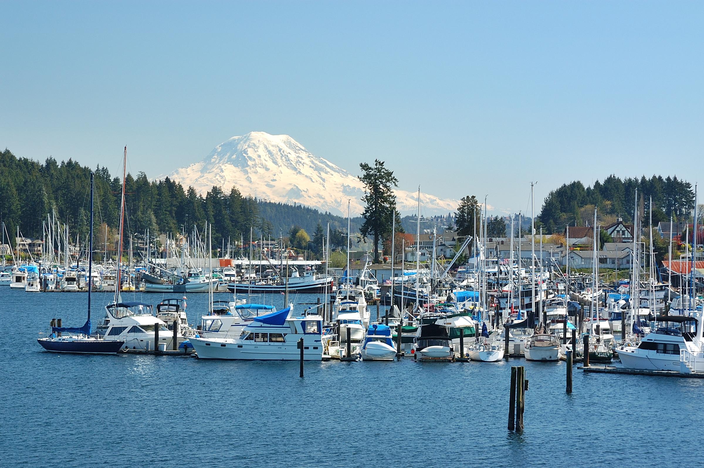 View of Mt Rainier from Gig Harbor with sailboats