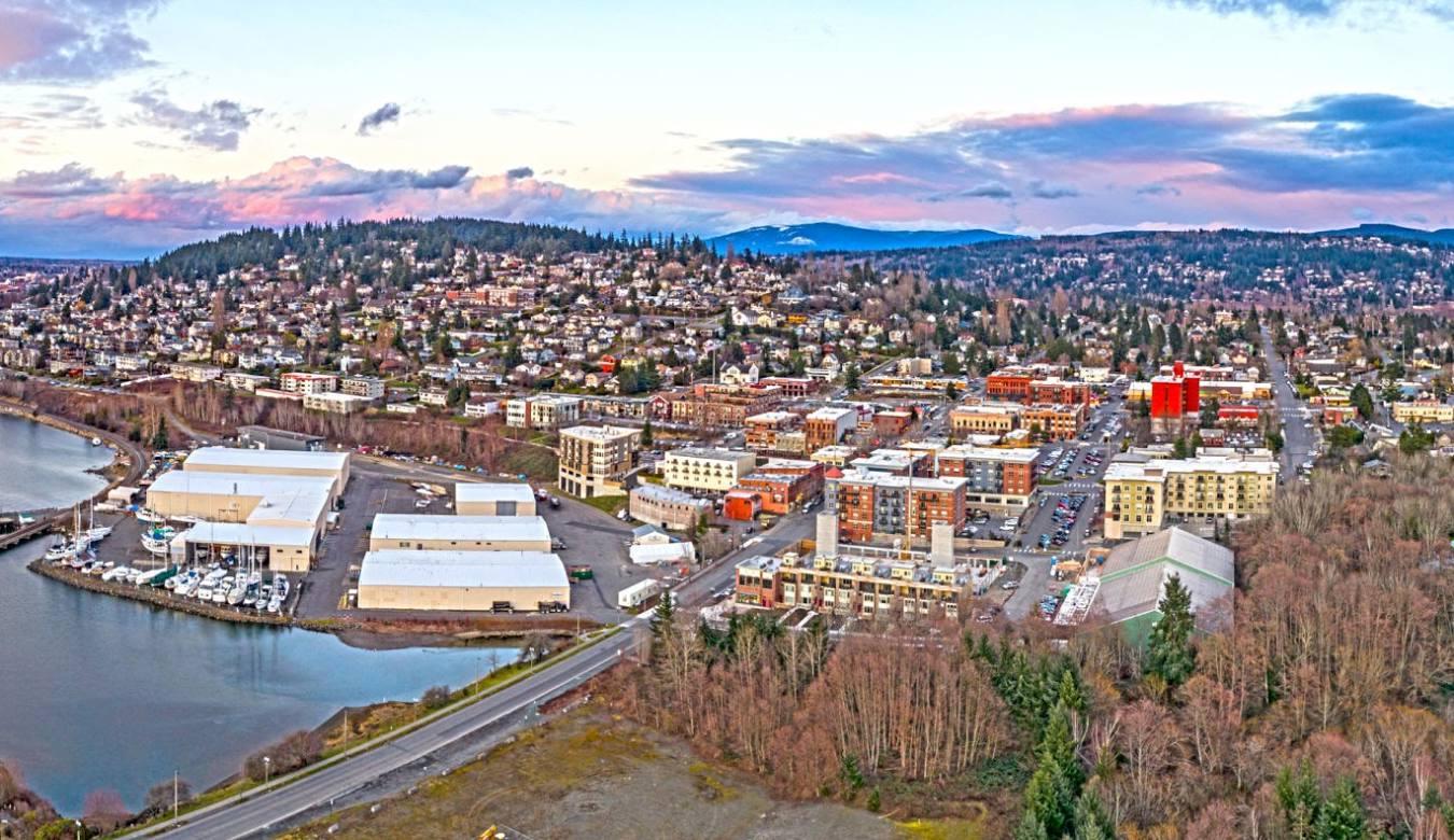 Aerial view of South Hill homes and businesses