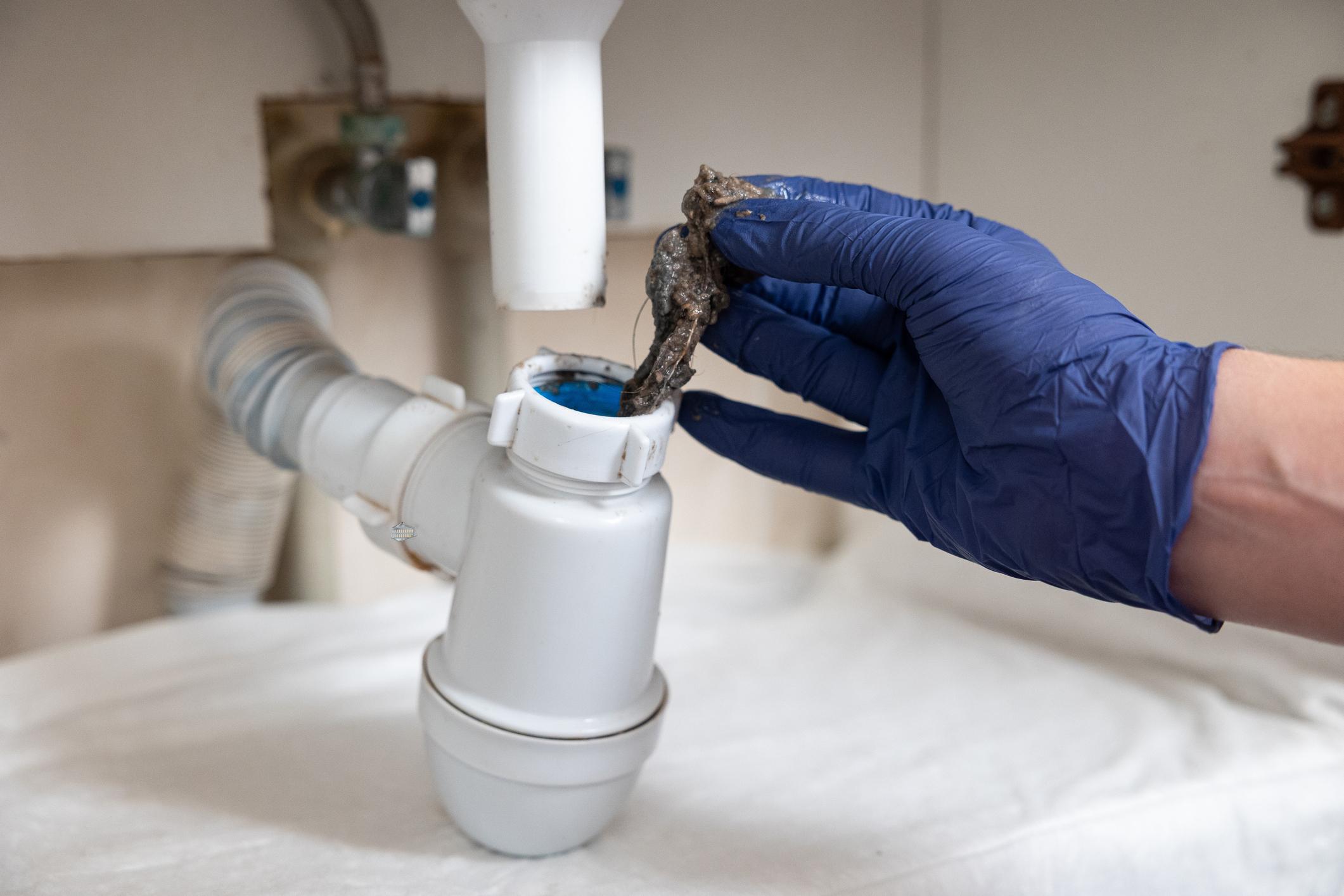 Plumber removing hair from the p-trap on a bathroom sink