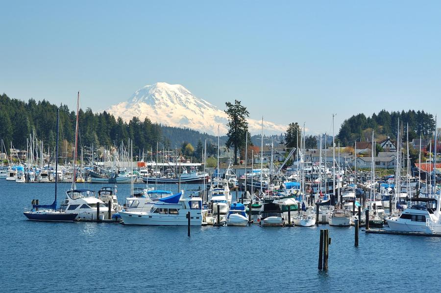 Boat and Mt Rainier from Gig Harbor